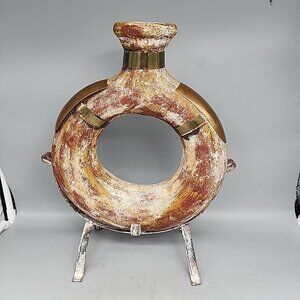Vintage Greek Roman Glazed Terracotta Ring Flask Water Vessel Jug Brass Armor